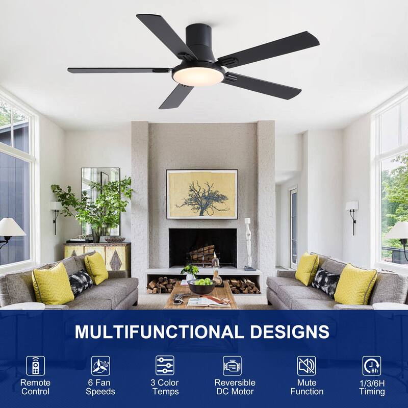 YUHAO AeroLite 48 in. Indoor White Low Profile Standard Ceiling Fan with Bright White Integrated LED Light Kit, Remote Included