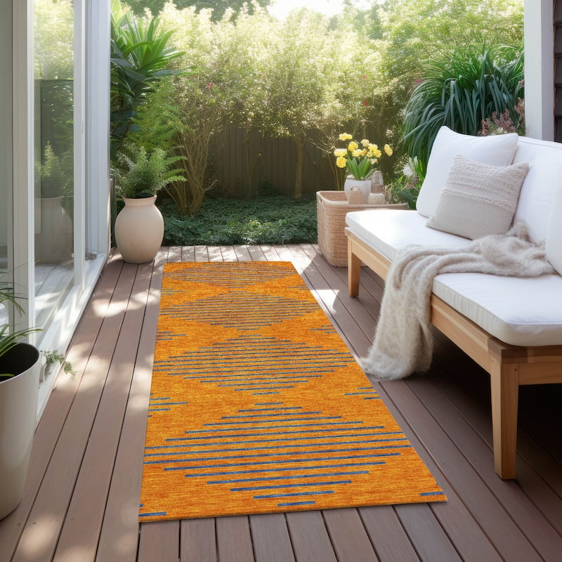 Machine Washable Indoor/ Outdoor Contemporary Geo Chantille Rug - Orange - 2'3" x 7'6"