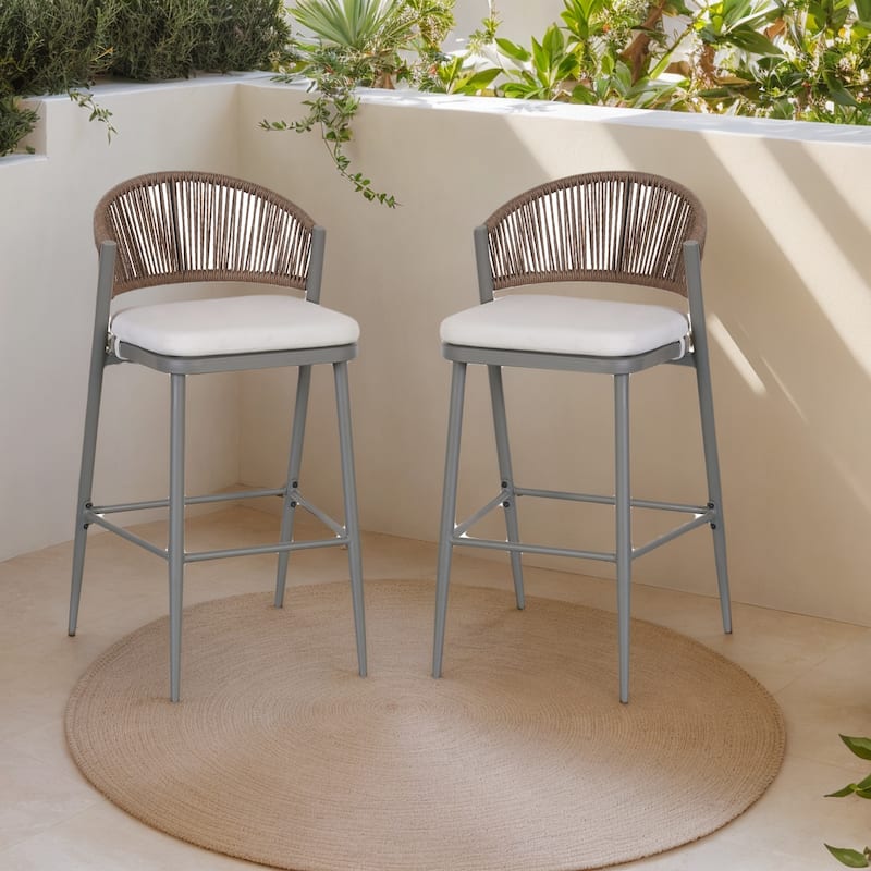 Christopher Knight Home - Beverly Outdoor Barstools with Scallop Backrest, Set of 2 - Teak Finish+Aluminum
