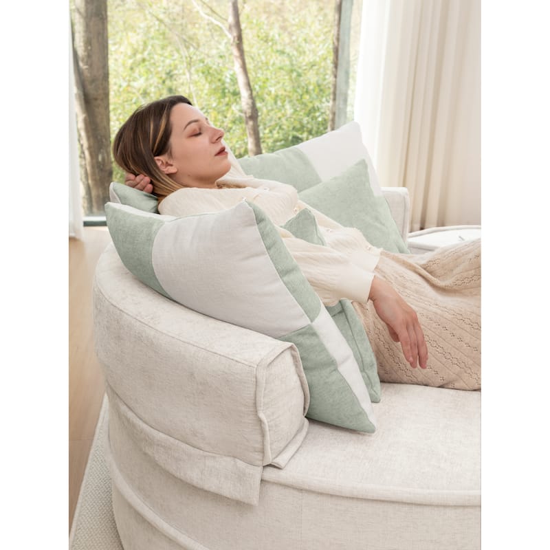 Chenille Oversized Round Barrel Chair with Ottoman, 5 Pillows, and No-Sag Rebound Sponge