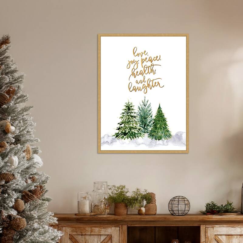 Christmas trees with holiday wishes by Rosana Laiz Blursbyai (23 x 30 in.), Framed Canvas Wall Art Print - Sylvie Bright Gold