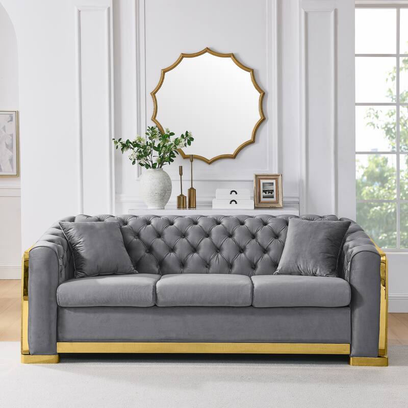 Luxury 84-Inch Tufted 3-Seater Sofa with Golden Stainless Steel, Grey Fabric for Living Room
