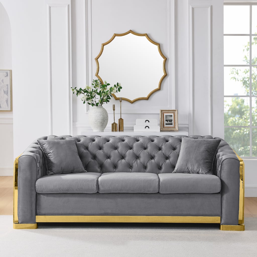 Velvet Chesterfield Sofa with 2 Pillows, Tufted Upholstered 3 Seater Sofa, Accent Sofa with Rolled Arms & Stainless Legs