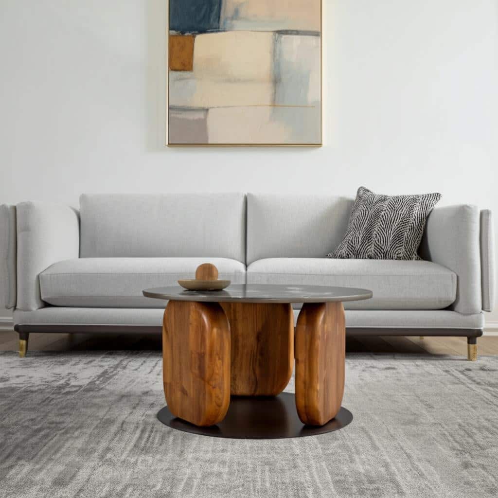 HomeRoots 30" Black and Brown Genuine Marble Marble and Solid Wood Round Coffee Table - 30.00 in. x 16.90 in. x 30.00 in.
