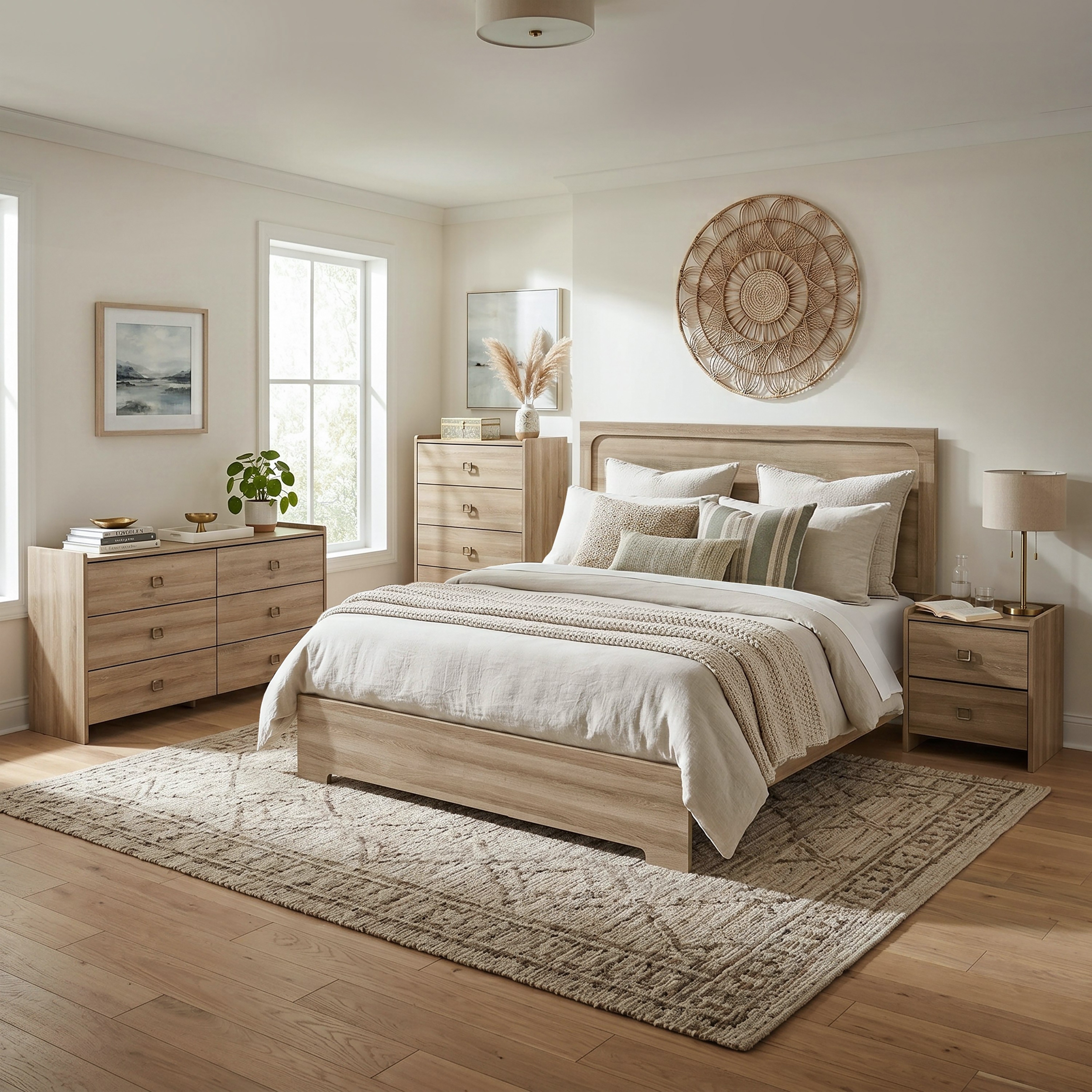 Furniture of America Valio Modern 4-Piece Dusty Oak Wood Bedroom Set with Chest, Dresser and Nightstand