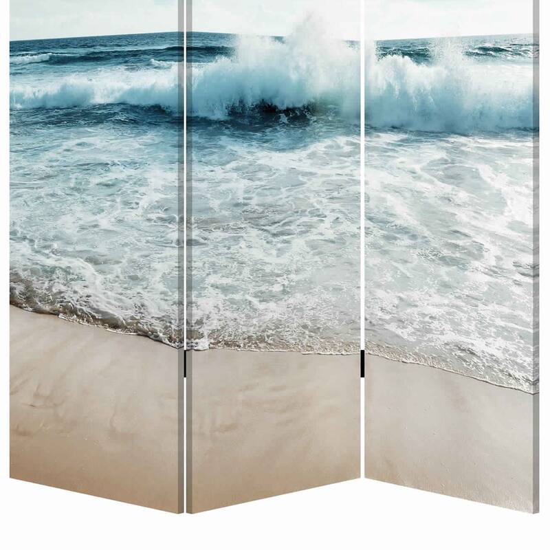 Foldable Canvas Screen with Ocean Shore Print and 3 Panels, Multicolor