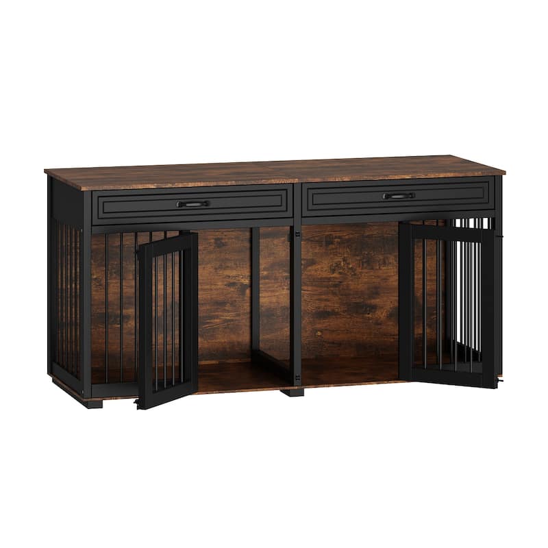 Furniture Style Double Dog Crate with Drawers, 64.6" Wooden Pet Kennel End Table, Removable Divider, Heavy Duty Metal Bars