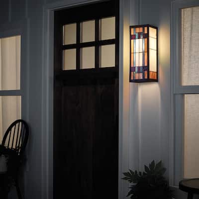 River of Goods Multicolor Stained Glass and Black Satin Rectangular 1-Light Outdoor Wall Sconce - 6.25" x 5.5" x 16.25"