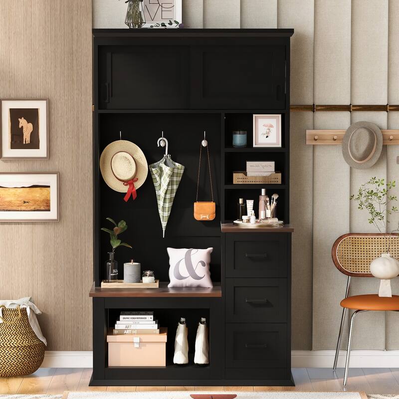 Coat Rack w/ 3 Shelves and Drawers,Hooks,Hall Tree with Storage Bench - Black