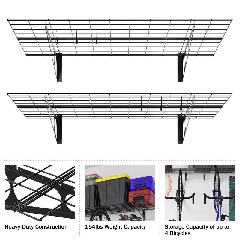 Heavy Duty Shelves Wall 2-Pack - Storage Garage Organization - Garage Shelving with 154lb Capacity for 4 Cycles by Rad Sportz