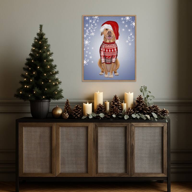 Pitbull in Christmas Sweater by Fab Funky (23 x 28 in.), Framed Canvas Wall Art Print - Sylvie Beaded Rustic Natural