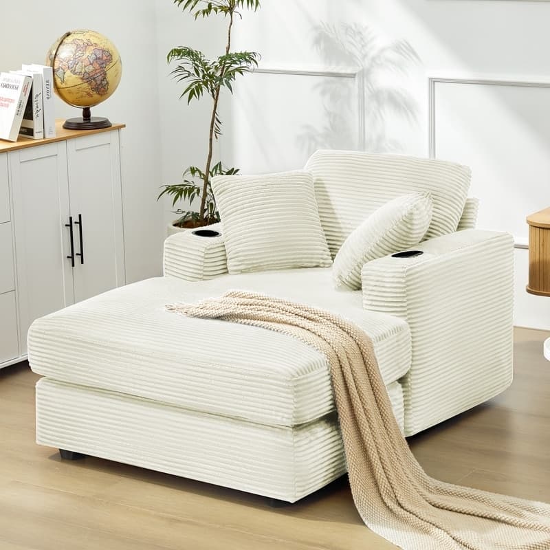 Oversized Corduroy Chaise Lounge Chair with Throw Pillows and Built-In Cup Holders - Beige