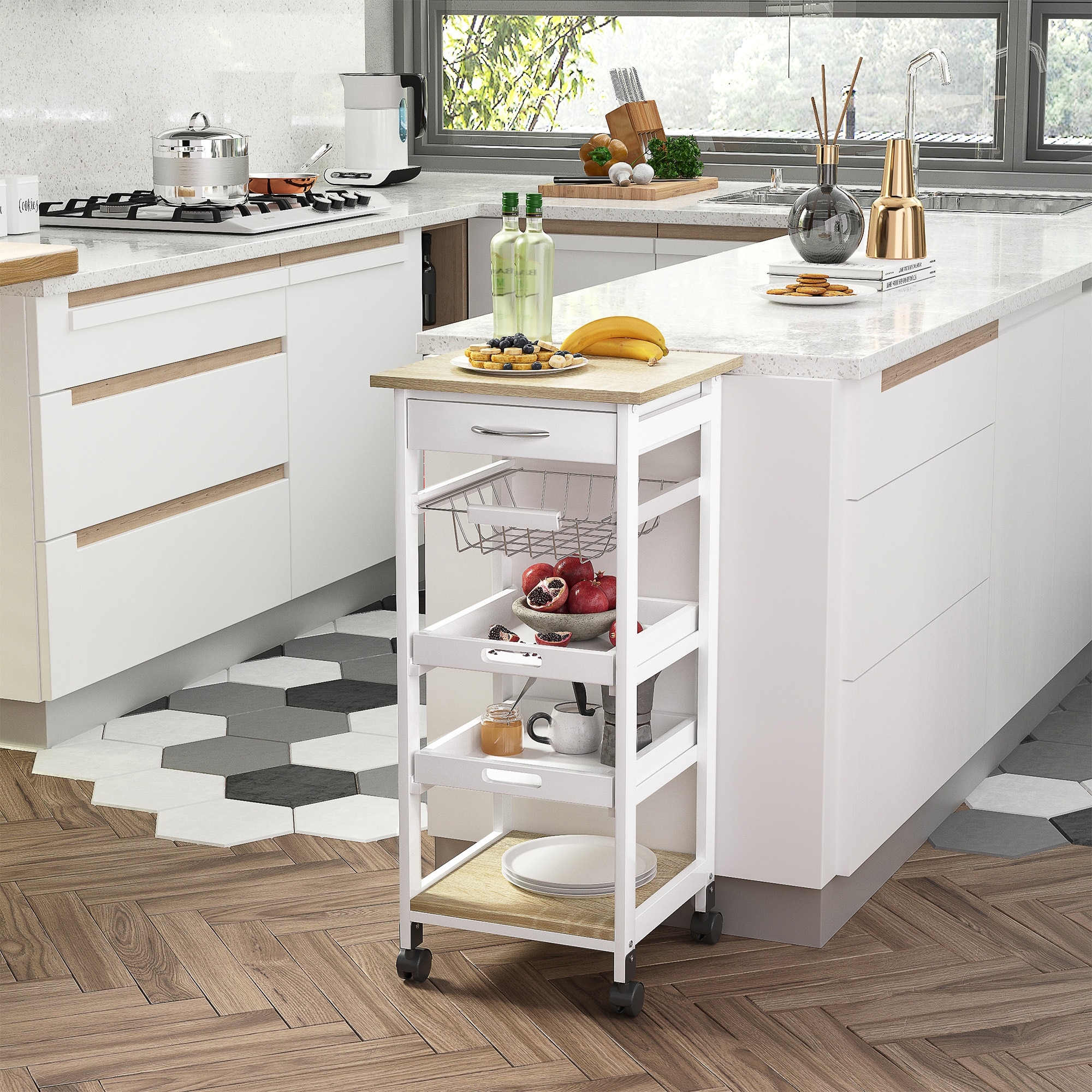 HOMCOM Mobile Rolling Kitchen Island Trolley Serving Cart with Underneath Drawer & Slide-Out Wire Storage Basket