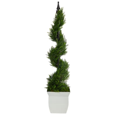 4' Cypress Spiral Topiary Artificial Tree in White Metal Planter - 8"