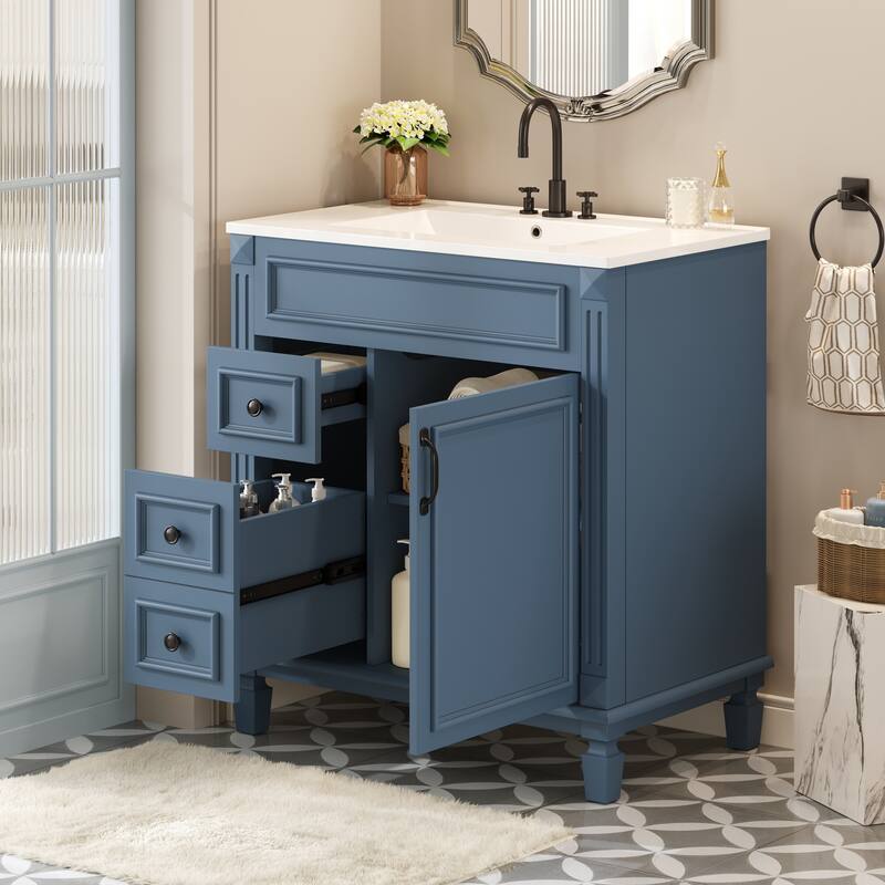 Roomfitters 30" Bathroom Vanity with Ceramic Sink, Storage Cabinet with Drawers and Adjustable Shelf, Blue Bathroom Cabinet - Blue