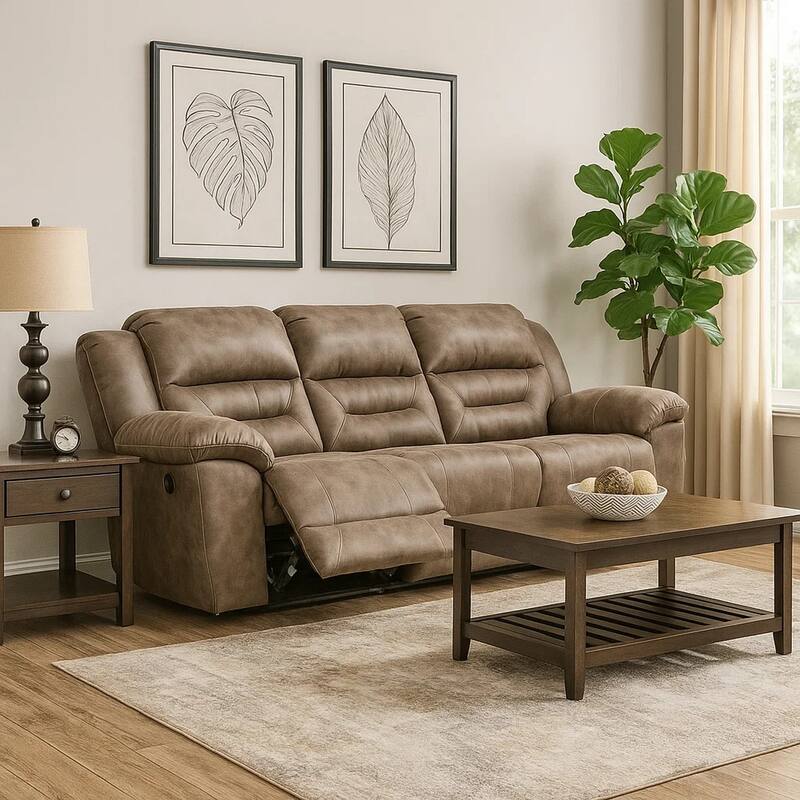 Aky 90 Inch Manual Recliner Sofa, Cushioned Seat, Soft Taupe Faux Leather