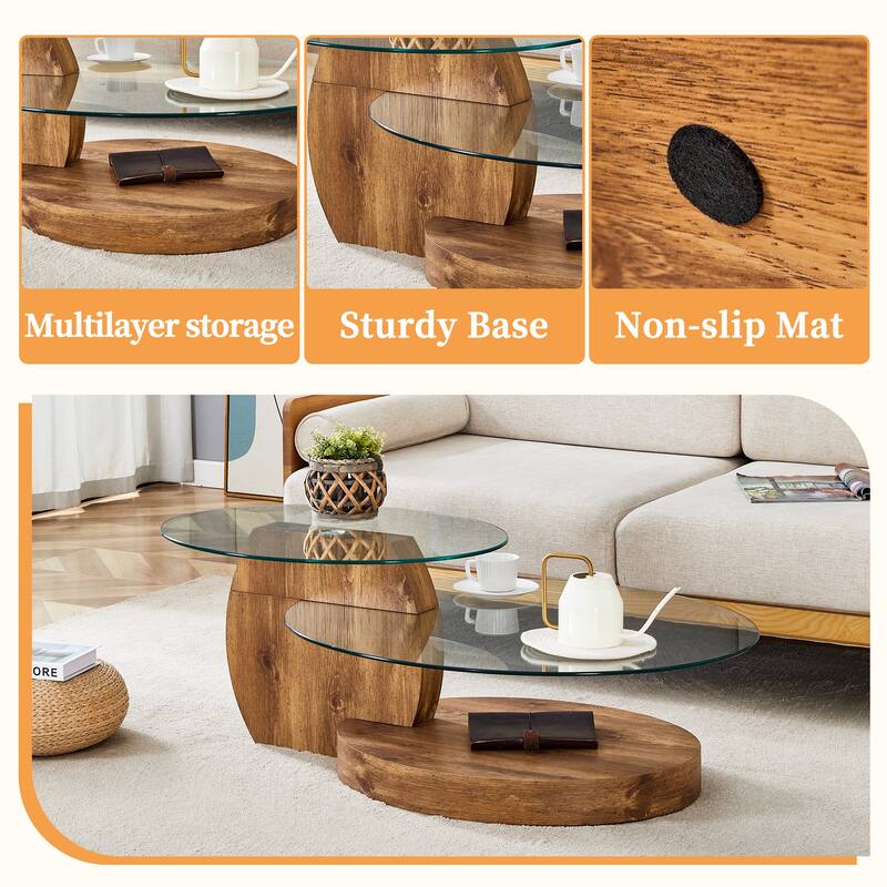Roomfitters Double Layer Coffee Table with White Marble and Wood Grain Finish, Artistic Modern Design