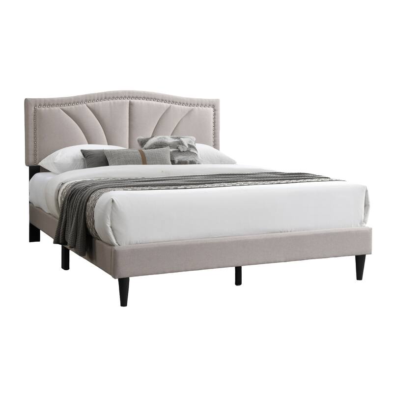 Queen Size Light Brown Burlap Fabric Platform Bed with Nailhead Trim Headboard