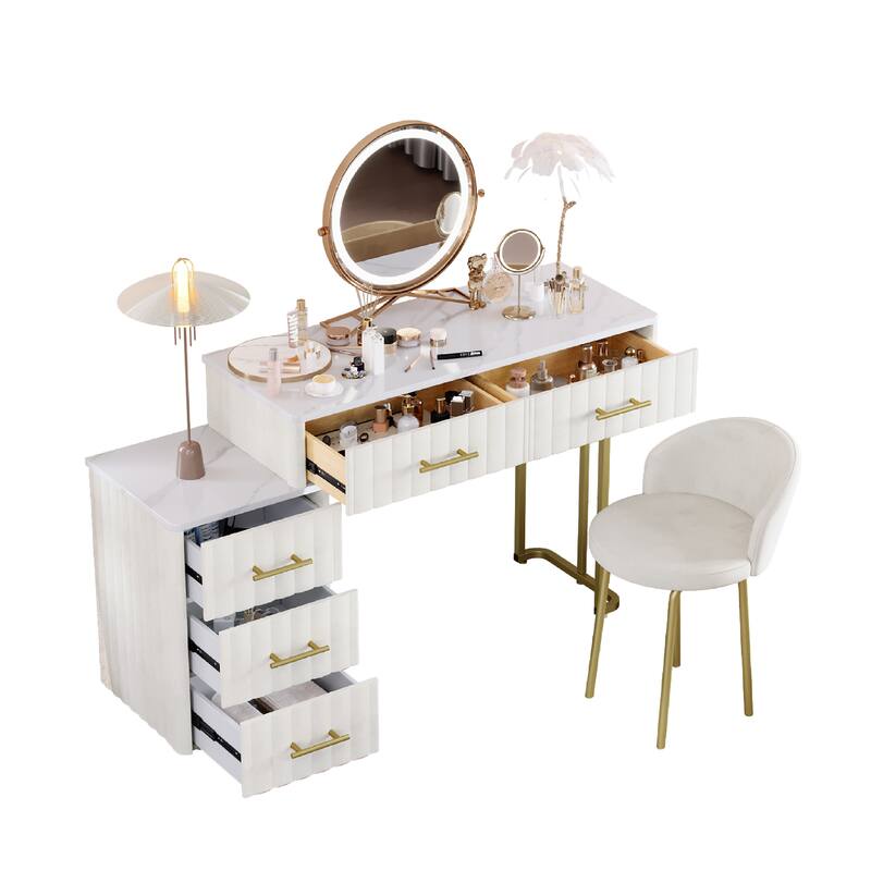 Velvet Upholstered Makeup Vanity Desk with 5 Storage Drawers, Marble-Look Sticker Top Dressing Table and Padded Makeup Chair Set
