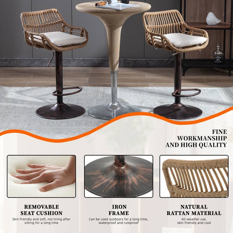 Plastic Rattan Linen Swivel Adjustable Height Bar Stools With Footrest(set of 2)