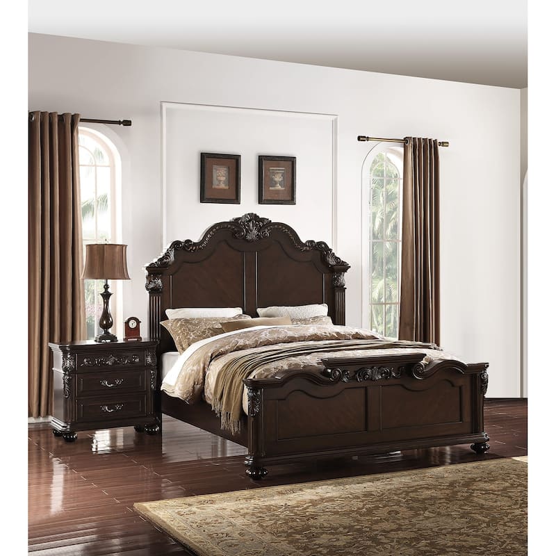 Traditional Style 3pc Bed 2x Nightstand Set Scalloped Crown Antique Cherry Finish Bedroom Furniture
