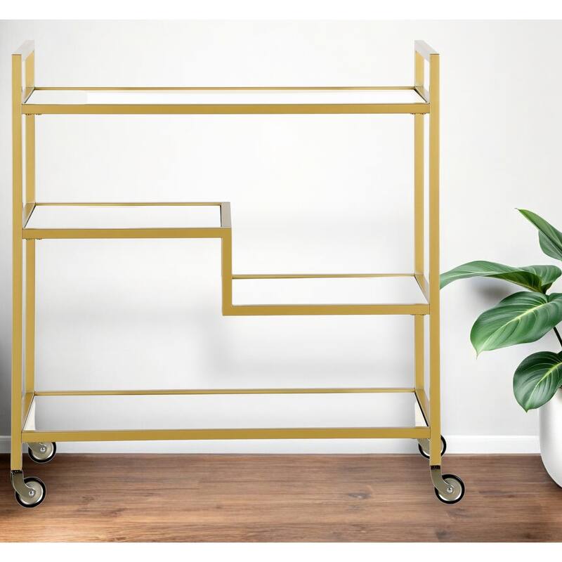 Modern 2-Tier Rolling Serving Steel and Glass Bar Cart with Wheels for Kitchen and Living Room - 33" x 14" x 36"