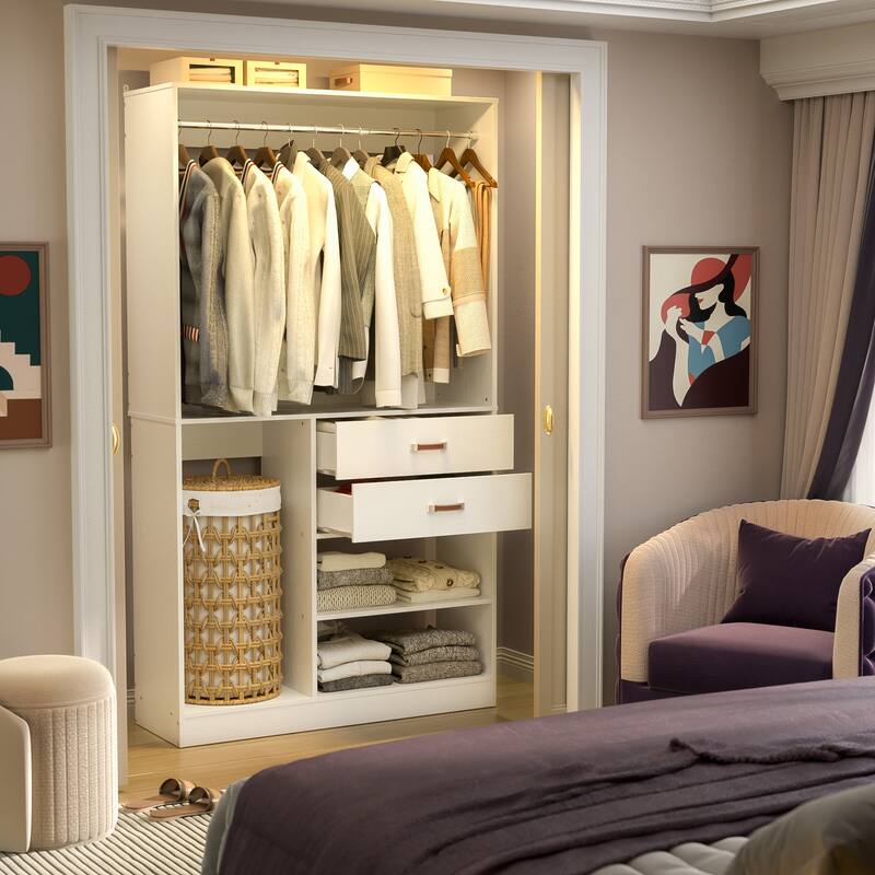 Rackcog Freestanding Closet Organizer with Hanging Rod, Closet System Wardrobe with Wood Drawers