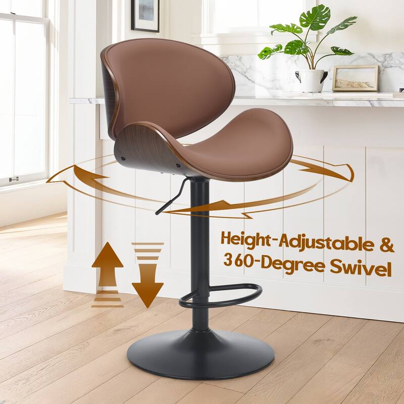 Swivel Bar Stools Set of 2, Adjustable Height Bentwood Barstools with PU Leather Upholstered Seat, Backrest and Footrest