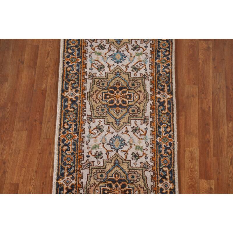 Geometric Beige Heriz Serapi Runner Rug Hand-Knotted Wool Carpet - 2'5"x 8'1"