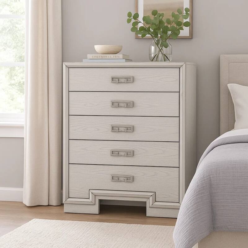 Basil 5 Drawer Tall Dresser Chest, Rustic White Solid Wood, Cedar Lining