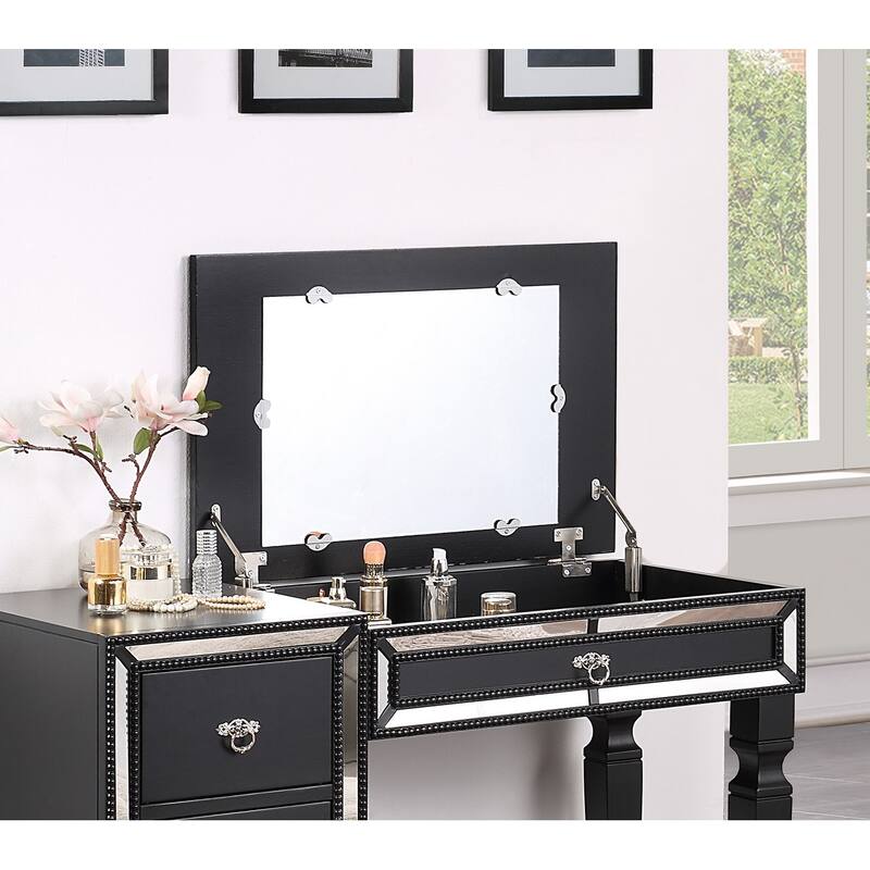 Traditional Formal Black Color Vanity Set Stool Storage Drawers,1pc Bedroom Furniture Set Tufted Seat Stool