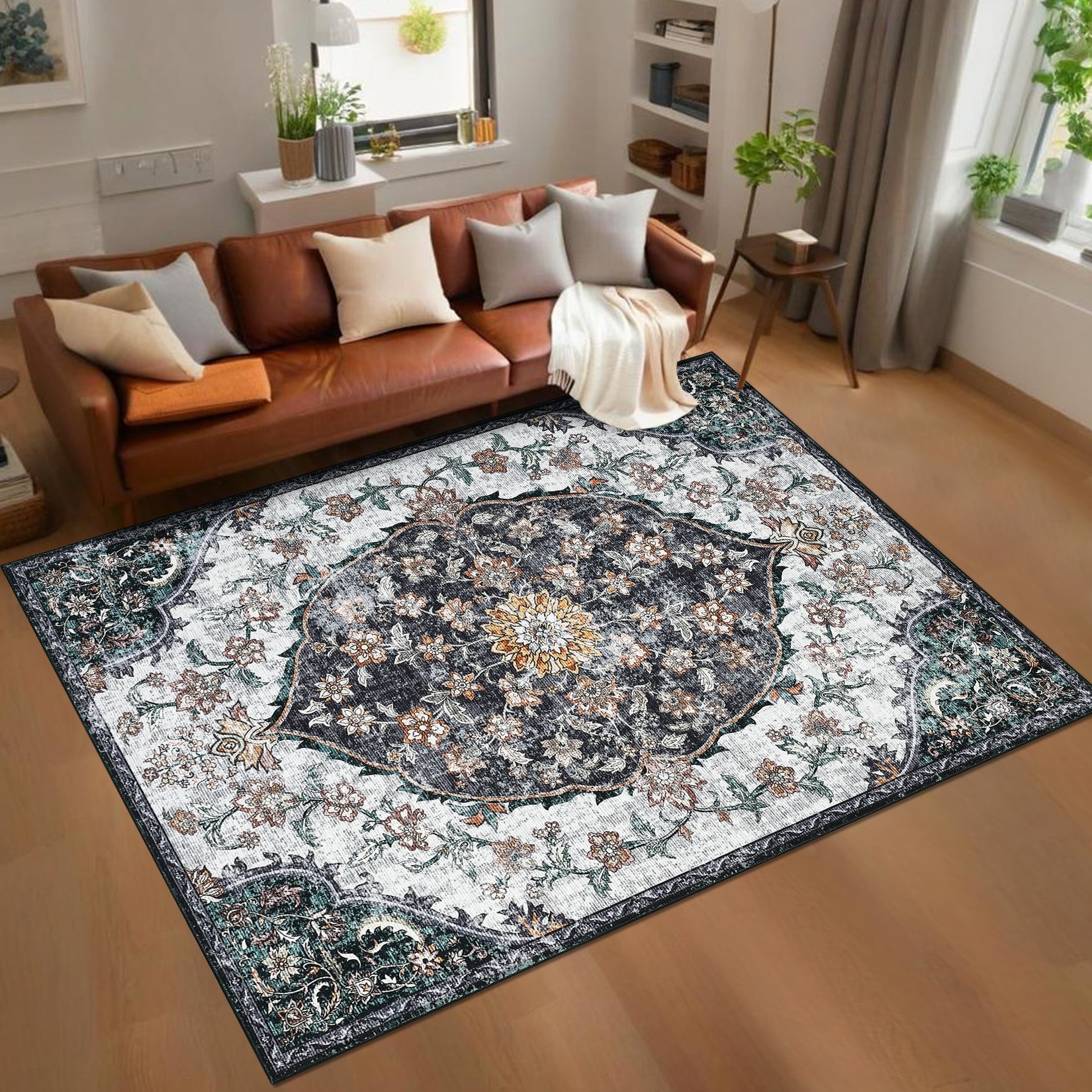 Vintage Floral Rug Machine Washable Area Rug Low Pile Non-Slip Rugs for Living Room