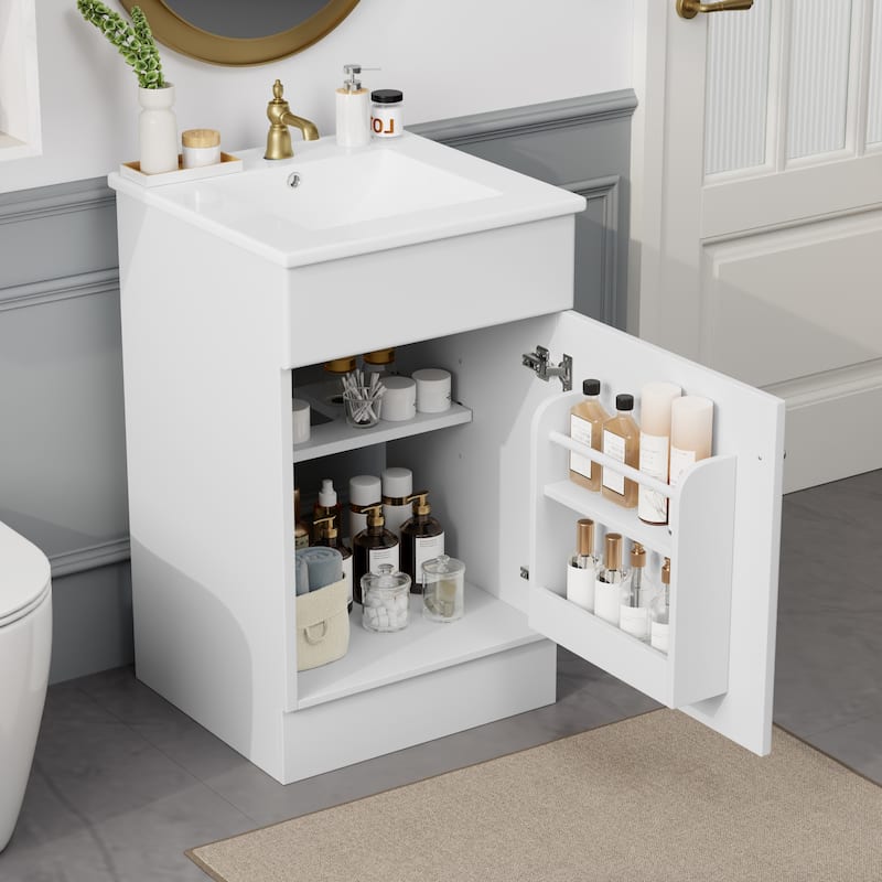 Bathroom Vanity with Sink, Vanity Set with Adjustable Shelf, Bathroom Cabinet with Storage Rack and Soft Closing Door - White