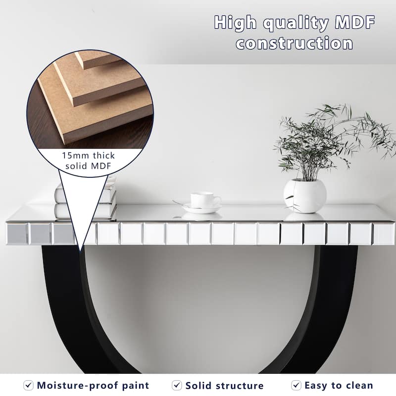 Modern Mirror Console Table with U-Shaped Black Wood Base