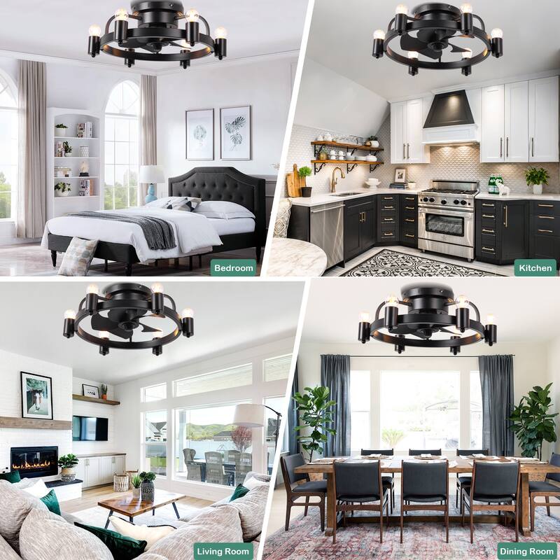 Cusp Barn 20 Inch Black Low Profile Flush Mount Ceiling Fan with Light and Remote, Industrial 6 Speeds DC Motor Ceiling Fan