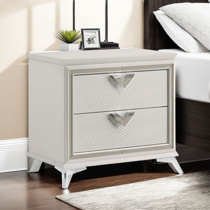 Dery Nightstand, 2 Drawers Chrome Triangle Handles, Gold White Wood