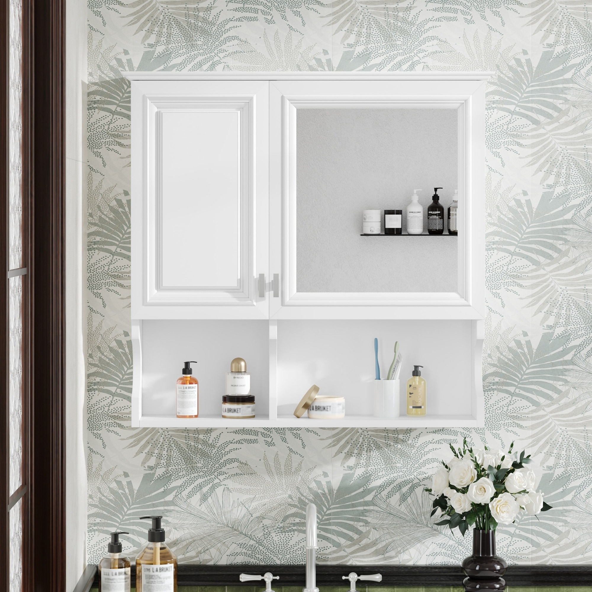 GDFStudio - Avenley Modern Wall-Mounted Bathroom Medicine Cabinet with Mirror, Doors and Open Shelves & Adjustable Shelf - 30"W