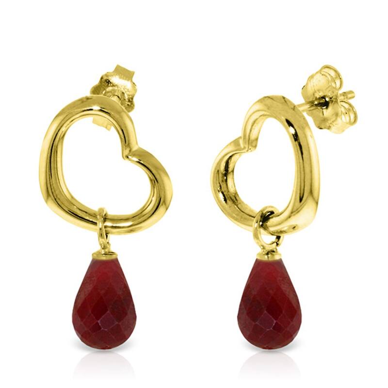 14K Solid Gold Heart Gemstone Earrings w/ Dangling Natural Rubies - Yellow