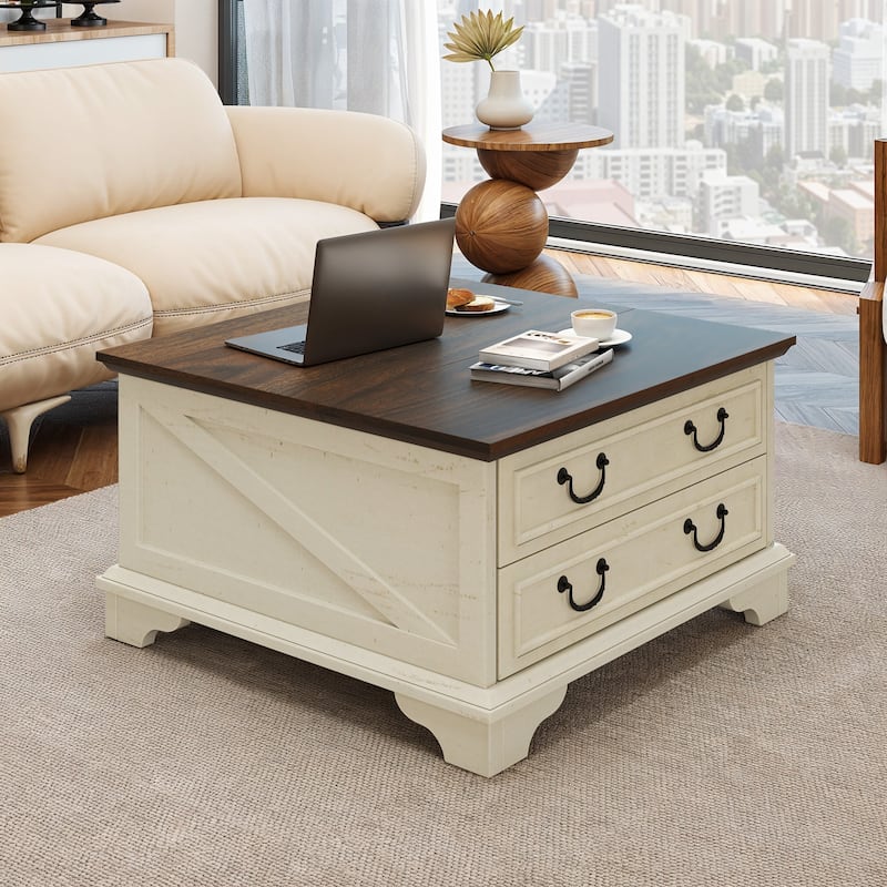 Moasis Lift Top Coffee Table Farmhouse Wood Central Table for Living Room with 2 Drawers and Hidden Storage Compartment - White