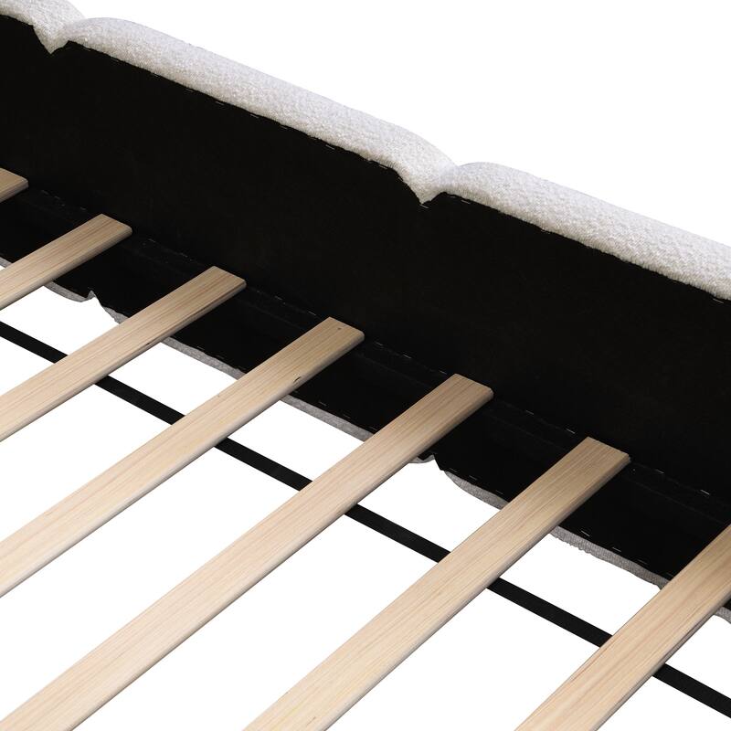 Boucle Upholstered Bed Low Profile Grounded Bed Block-shape Floor Bed Wingback Platform Bed with Thick Headboard and Footboard