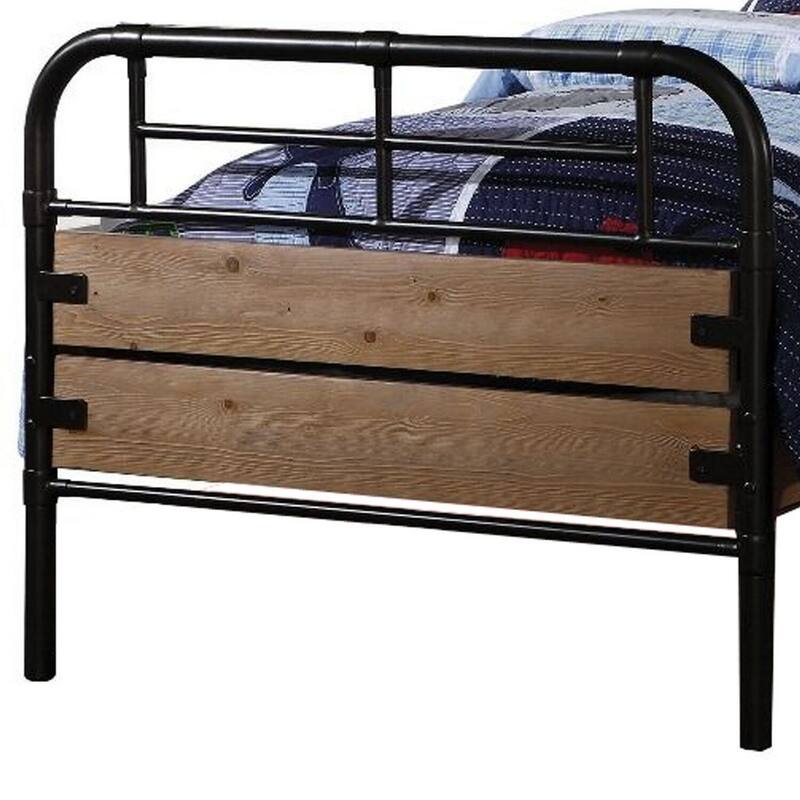 Twin Size Metal Bed Frame with Wood Headboard - Black Brown Slat Support Bed
