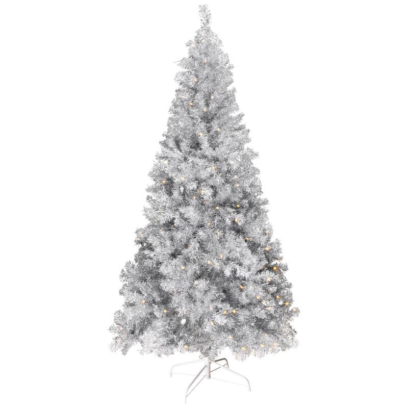 Pre-Lit Artificial Tinsel Christmas Tree - 9' - Silver - Clear Lights - 9 Foot