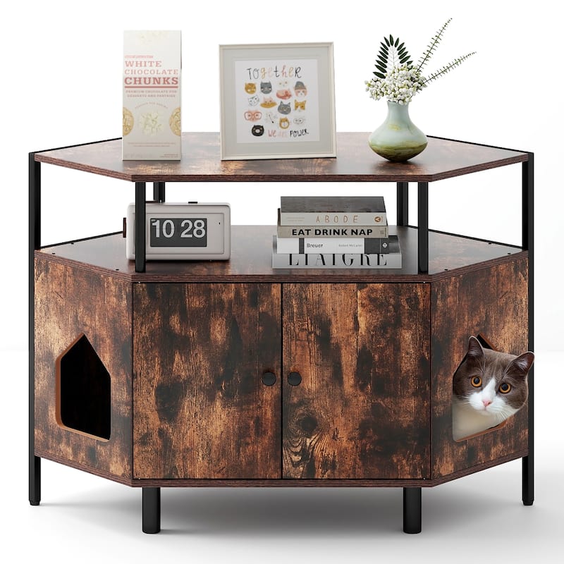 Gymax Corner Cat Litter Box Enclosure End Table w/ Open Shelf 2 - Brown - Wood