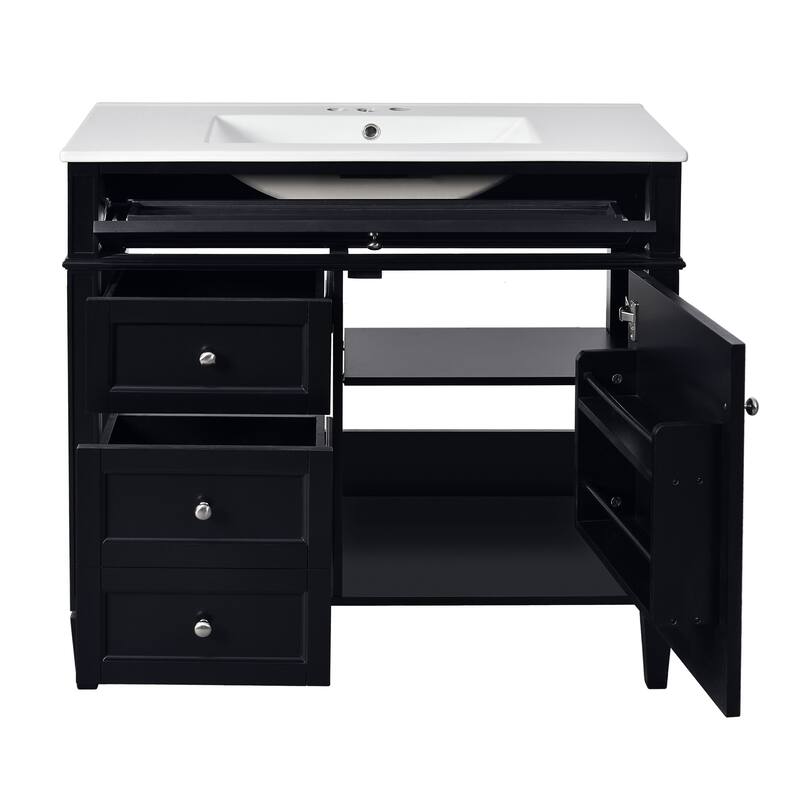 Modern Bathroom Vanity with Amber Storage, Ceramic Sink, 3 Drawers, Tip-Out Drawer, and Concealed Storage