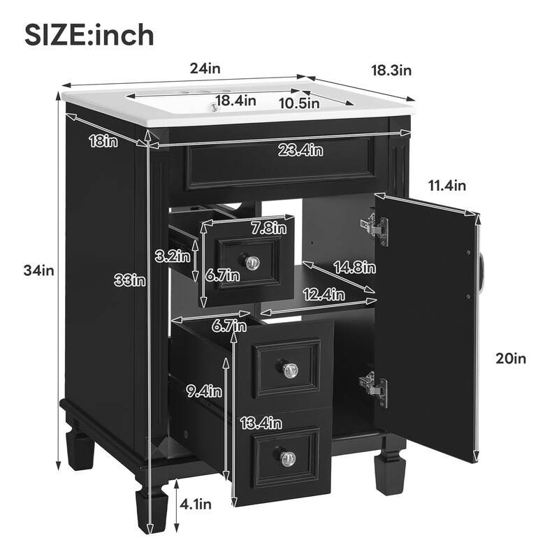 24" Bathroom Vanity with Ceramic Sink with 2 Drawers and Adjustable Shelf