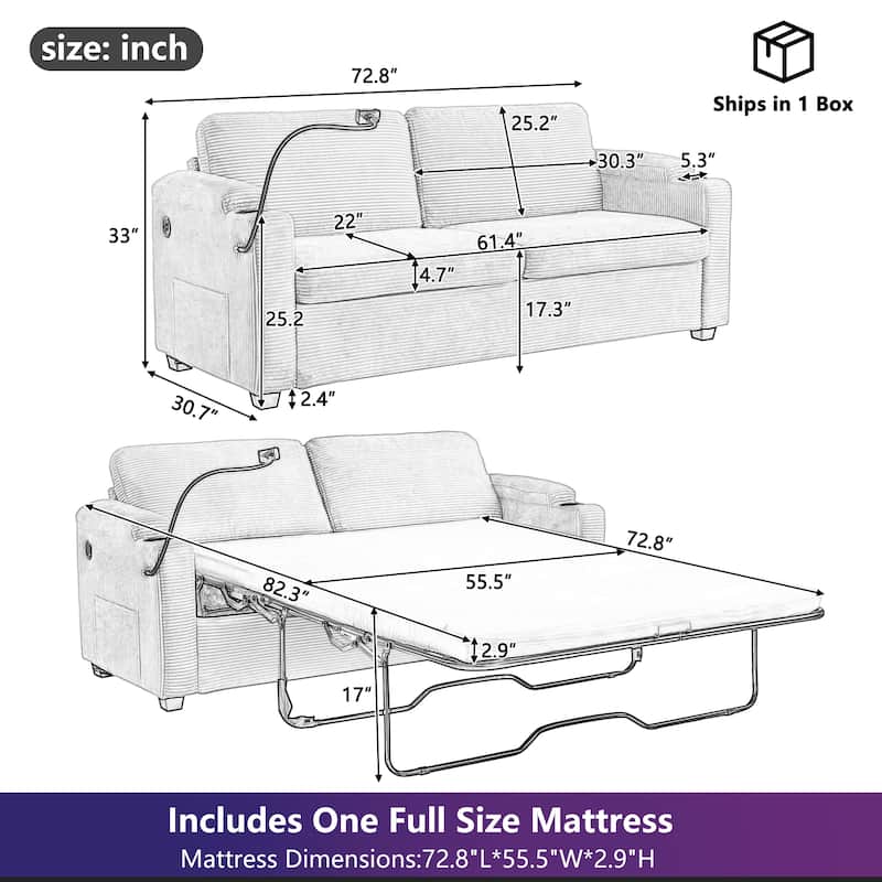 72.8" Corduroy Sleeper Sofa, Full Size Loveseat Bed with Mattress, USB Ports, Cup Holders, Side Pockets & Phone Holder