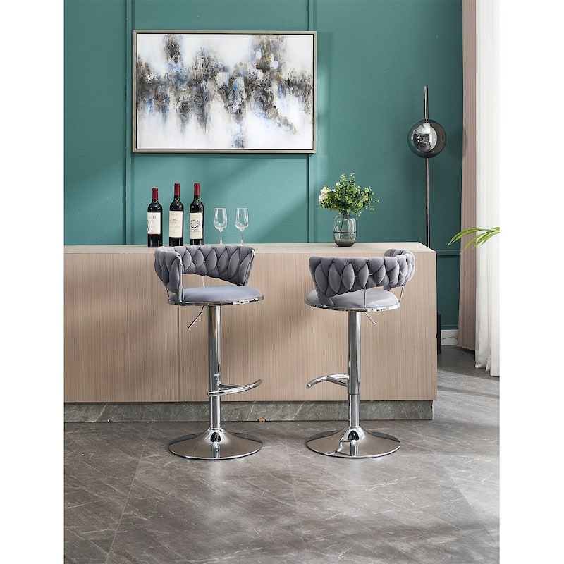 Set of 2 Adjustable Swivel Bar Stools, Grey Velvet with Chrome Footrest & Chrome Legs