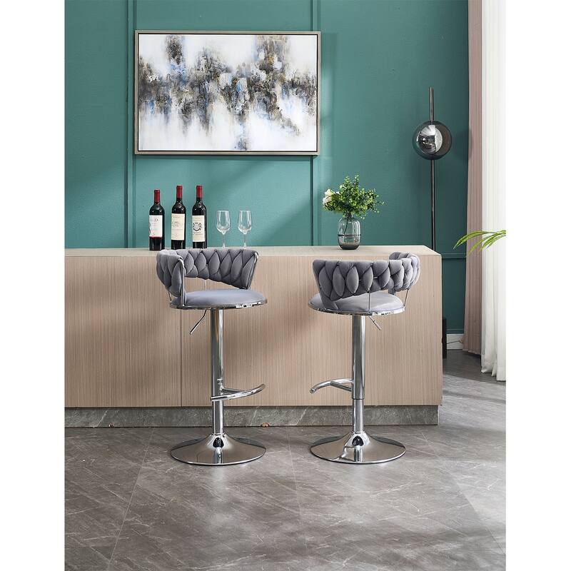 Set of 2 Velvet Bar Stools with Chrome Footrest and Base Swivel Height Adjustable Mechanical Lifting, Simple Bar Stool
