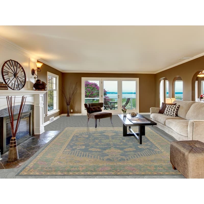 Hand Knotted Oriental 100% Wool Carpet Transitional Floral Navy Blue & Blues Oushak Area Rug - 11' 11'' X 8' 11''