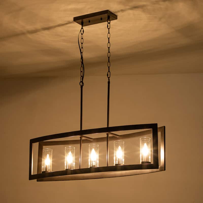 5-Light Modern Industrial Linear Chandelier for Dining Room Farmhouse Cylinder Clear Glass Chandelier Kitchen Island Lights
